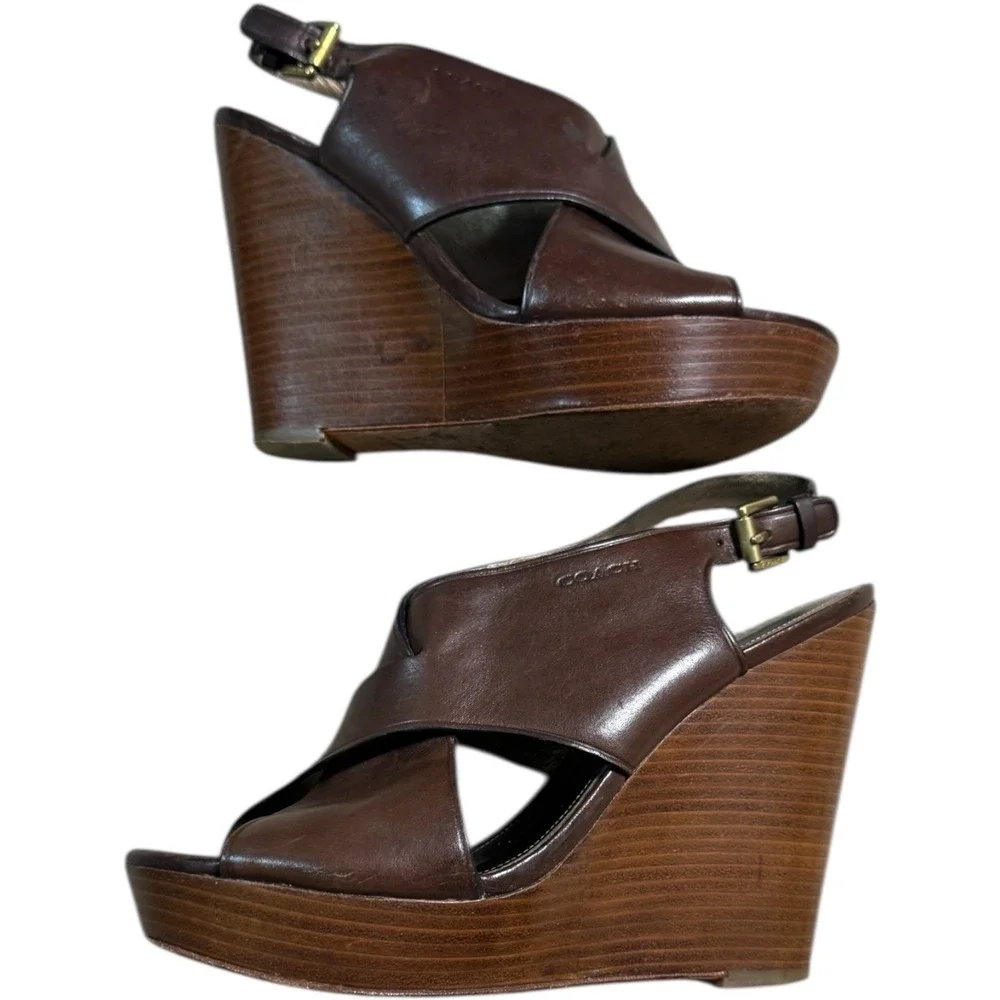 Coach Jamila‎ Wedge Sandals Brown Leather Open Toe Heels Size 8.5B - Picture 5 of 11